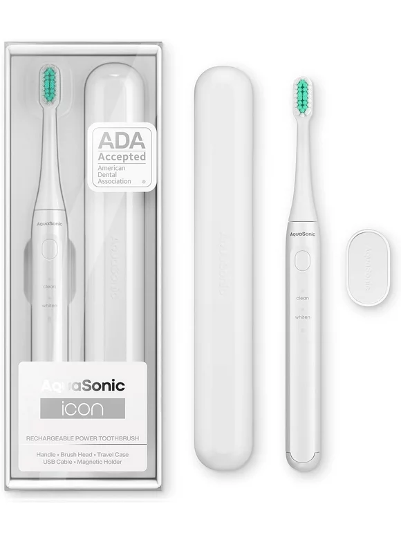 Aquasonic Icon Electric Toothbrush Rechargeable for Adults & Kids w/ Magnetic Holder & Slim Travel Case, 2 Brushing Modes White