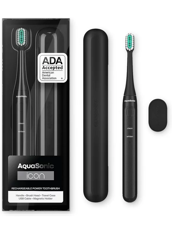 Aquasonic Icon Electric Toothbrush Rechargeable w/ Magnetic Holder & Slim Travel Case, 2 Brushing Modes Onyx