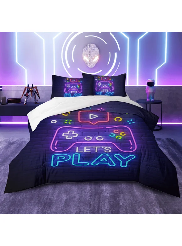 Arightex Gaming Comforter for Boys Twin Size, Abstract Neon Style Bedding Sets for Boys