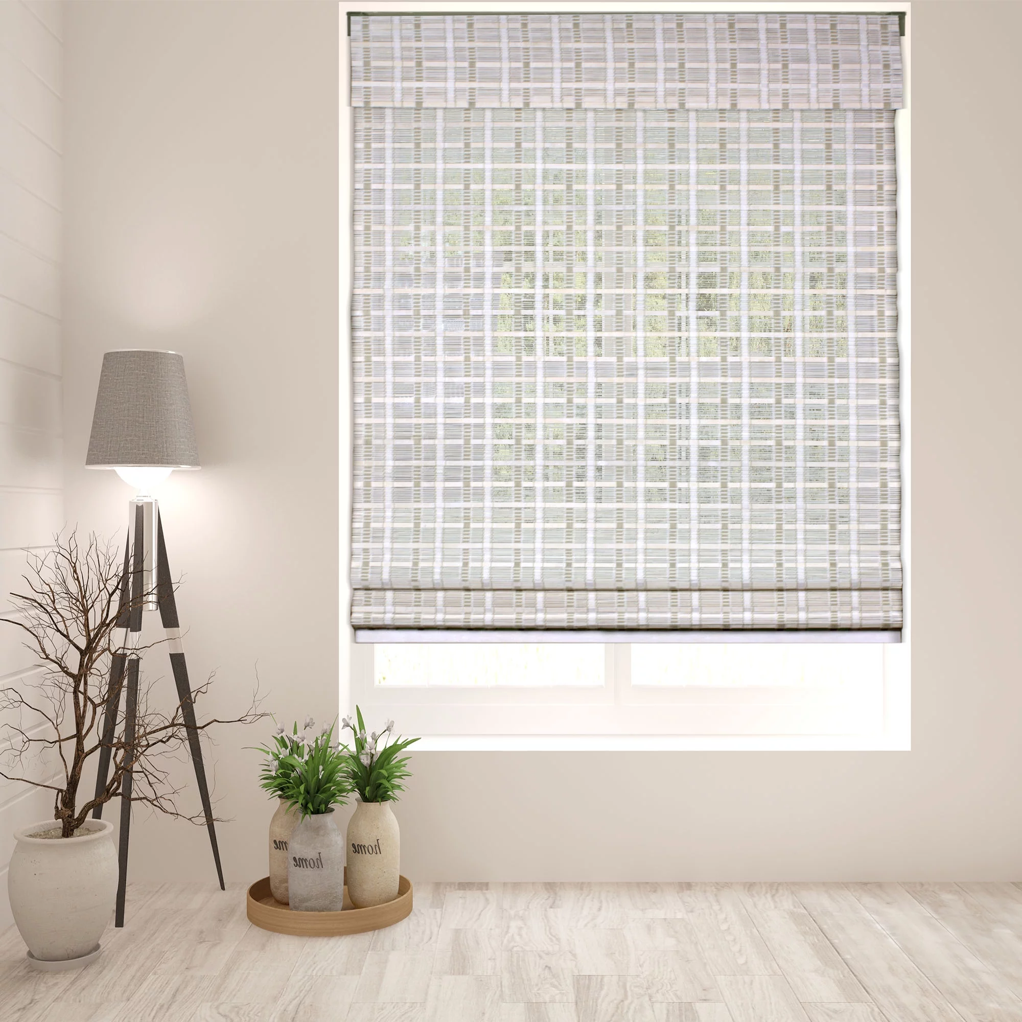 Arlo Blinds Cordless Whitewash Bamboo Roman Shade, Light Filtering, Size: 20"W x 60"H