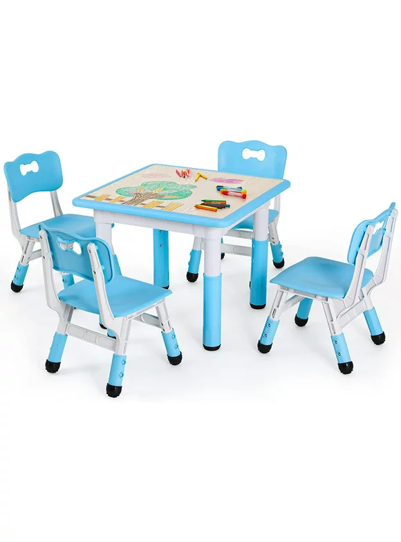 Arlopu Kids Study Table and 4 Chairs Set, Height Adjustable Toddler Arts & Crafts Multi Activity Table with Graffiti Desktop, for Classroom / Daycare / Home