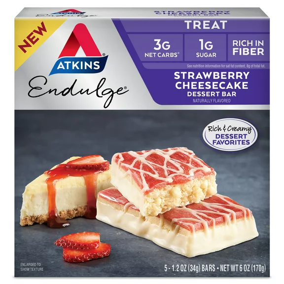 Atkins Endulge Strawberry Cheesecake Dessert Bar, High in Fiber, Low Sugar, Low Carb, Keto Friendly, 5 Count