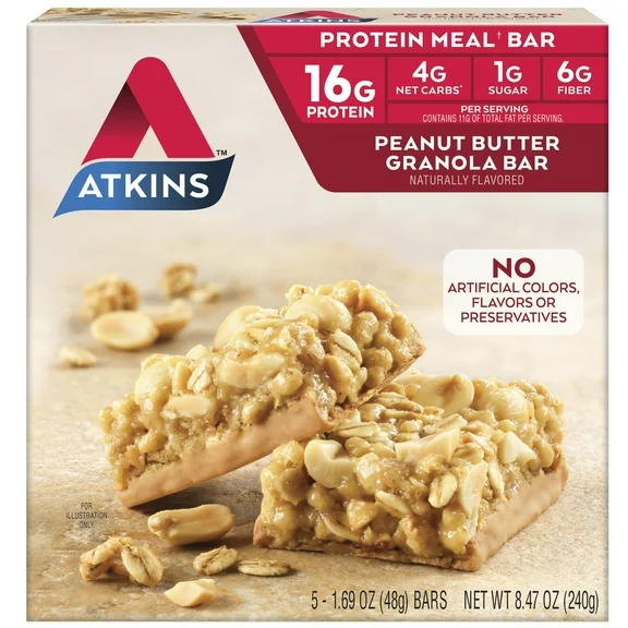 Atkins Peanut Butter Granola Protein Meal Bar, High Fiber, Low Sugar, Meal Replacement, Keto Friendly, 5 Count