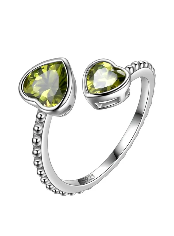 August Birthstone Ring Peridot 925 Sterling Silver Double Hearts Rings Green Zirconia Girls Women Jewelry Birthday Mother's Day Gifts Aurora Tears