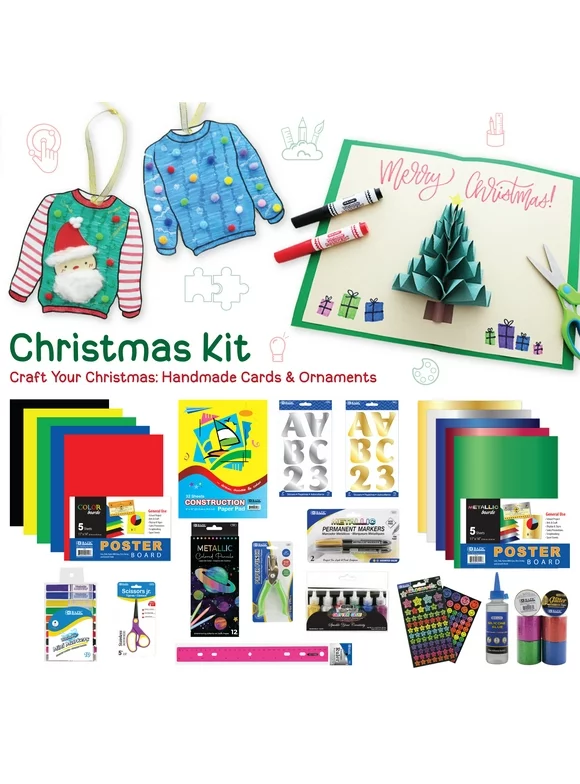 BAZIC Christmas DIY Kit 54 Pieces: 3D Christmas Card & Ugly Sweater Ornaments, Easy Step-by-Step Guide with Video Tutorial, Ideal Creativity Art Craft Kit, Best Holiday Gift for Kids