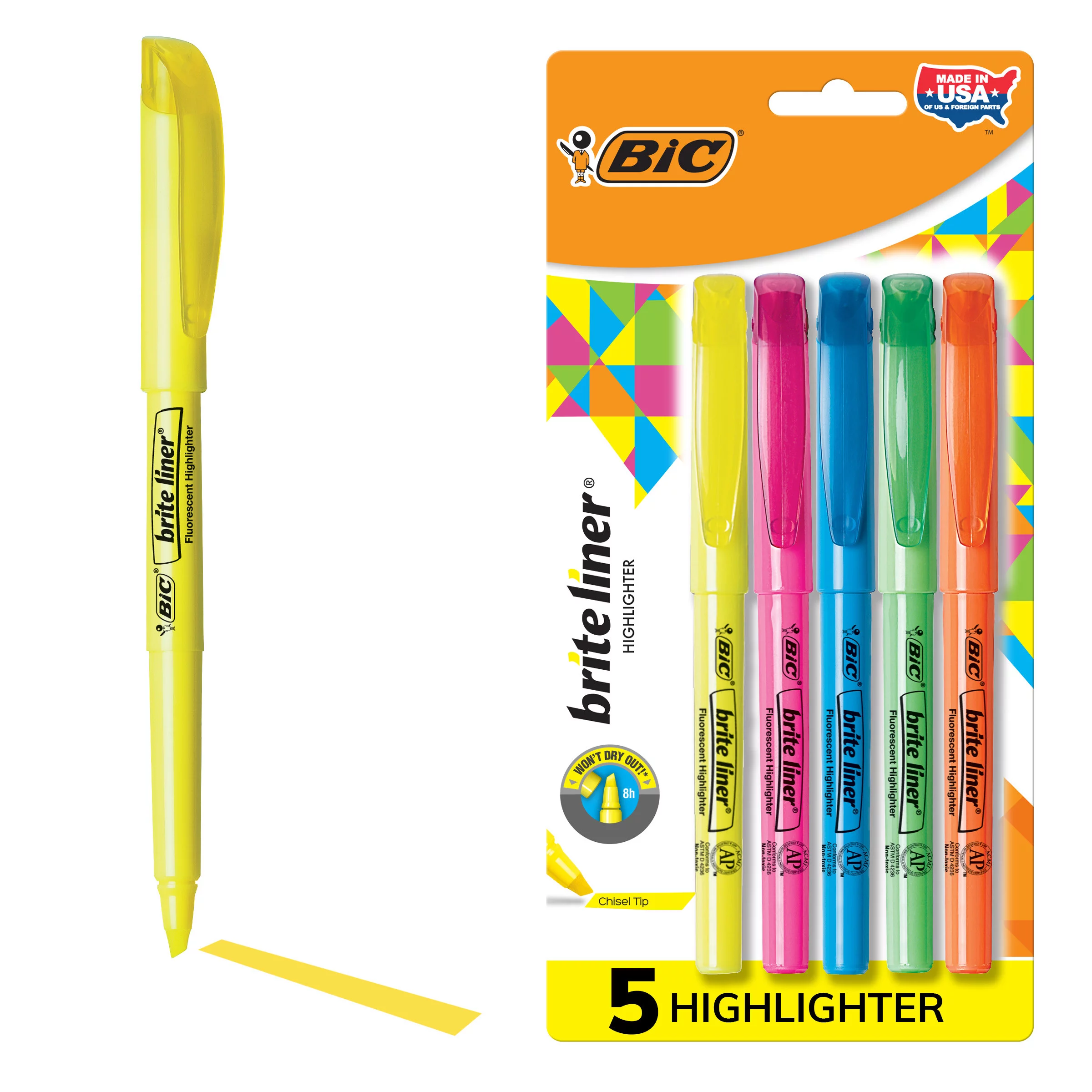 BIC Brite Liner Highlighters, Chisel Tip, Assorted Colors, 5 Count