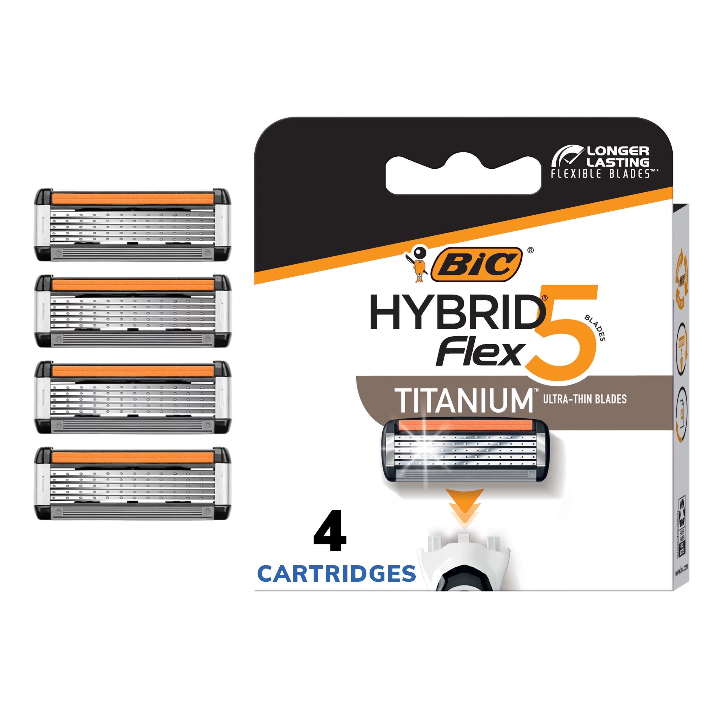 BIC Flex 5 Hybrid Titanium Men's Disposable Razor Cartridges, 5 Blade, Includes 4 Cartridges