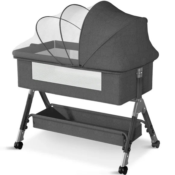 Baby Bassinet, HDJ Bedside Sleeper Bassinet with Storage Basket for Infant, Bedside Crib for 0-6 Months, Dark Gray