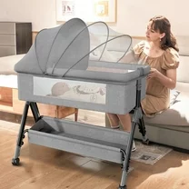 Baby Bassinet for Infant,Adjustable Bedside Sleeper Bassinet with Storage Basket,Bed Side Crib for 0-2 Months, Gray
