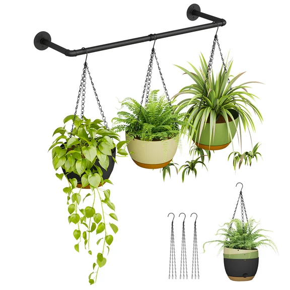 Bamworld 3Pc Hanging Planters for Indoor Plants Hanging Baskets with Plant Pots 8 inch Ceiling Plant Hanger Indoor Flower pots with Drainage Holes&Removable Tray 36.2in Metal Rod
