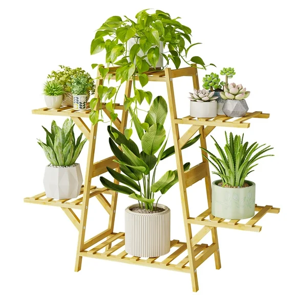 Bamworld Bamboo Plant Stand Indoor, 3 Tier 8 Potted Plant Shelf for Multiple Plants, Pyramid Flower Stand for Window Garden Balcony Home Decor Living Room Bedroom