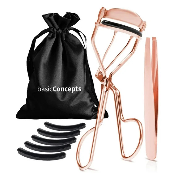 Basic Concepts Eyelash Curler Kit Rose & 5 Lashes Replacement Pads Stainless Steel for Girls Womens