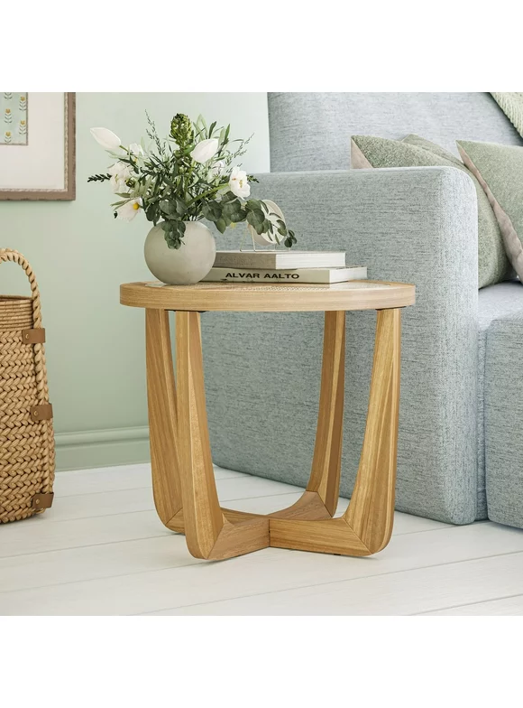 Beautiful Rattan & Glass Side Table with Solid Wood Frame by Drew Barrymore, Warm Honey Finish