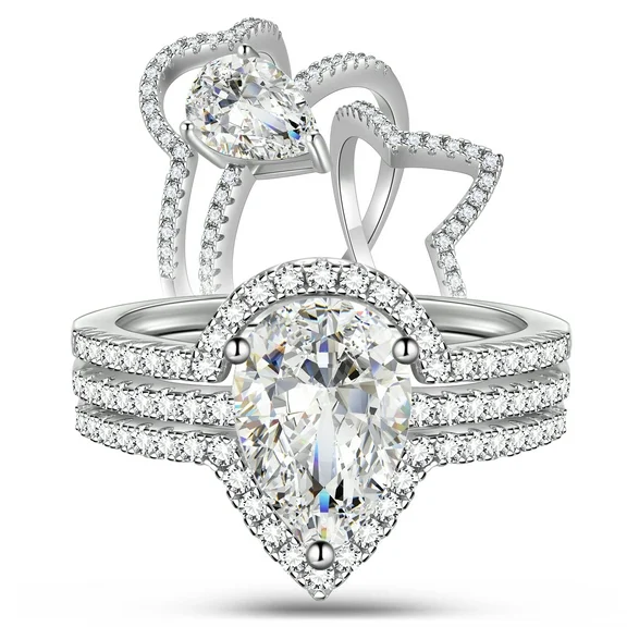 Beautlace 2 Carat Moissanite Engagement Ring Set | 18K White Gold over Silver Wedding Bridal Rings for Women | Womens Pear Engagement Ring | Size 8