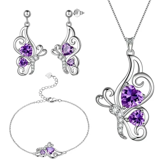 Beautlace Butterfly Heart Jewelry Set,925 Sterling Silver Purple Amethyst Birthstone Pendant Necklace/Earrings/Bracelet Set Cute Animals Jewelry Gift for Women Girls