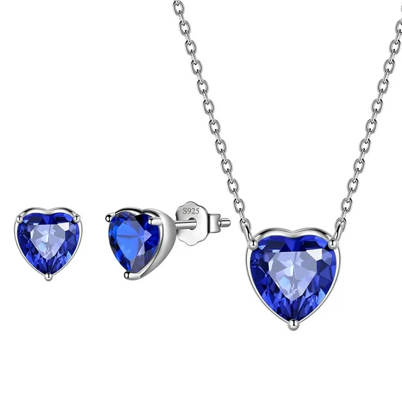 Beautlace Heart Jewelry Set,925 Sterling Silver Heart Birthstone Pendant Necklace and Earrings Set for Women