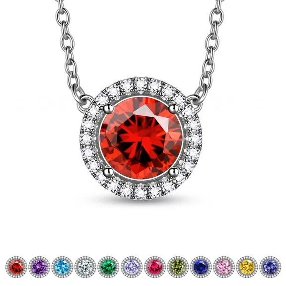 Beautlace January Red Birthstone Necklaces Round Shape Pendant Jewelry Gift for Men and Women