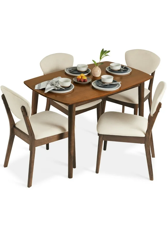 Best Choice Products 5-Piece Compact Wooden Mid-Century Modern Dining Set w/ 4 Chairs, Padded Seat & Back - Cream/Walnut