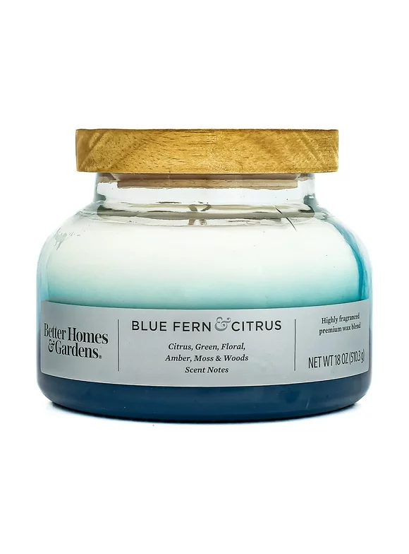 Better Homes & Gardens 18oz Blue Fern & Citrus Scented 2-Wick Ombre Bell Jar Candle