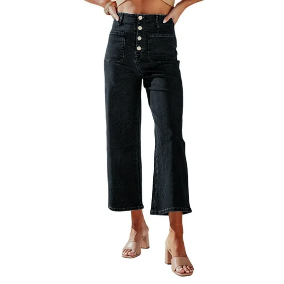 Blibea Classic Denim Straight Leg Pants for Women High Waisted Bootcut Jeans Loose Fit Pants Size 14 Black