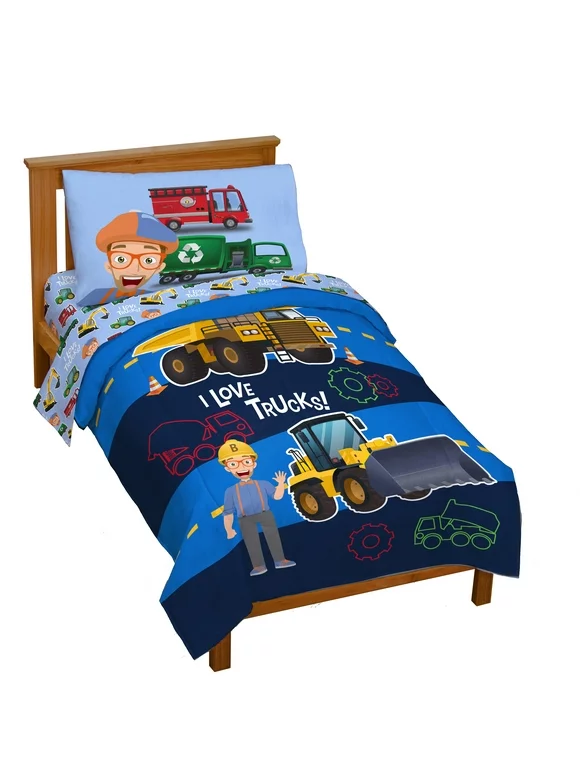 Blippi 4-Piece Machine Fun Toddler Bedding Set, 100% Microfiber, Blue, Size-Toddler