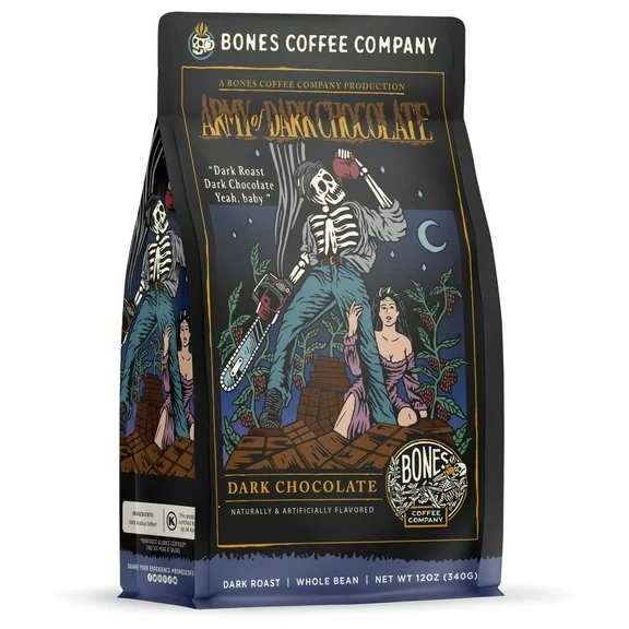 Bones Coffee Dark Roast Whole Bean Coffee | 12 oz Army of Dark Chocolate Flavored Coffee