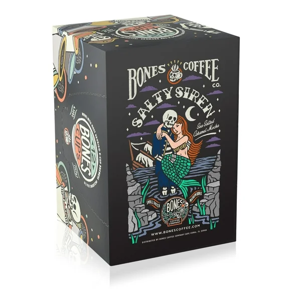 Bones Coffee Medium Roast K cups | 12 ct. Single Serve Salty Siren Caramel Mocha Flavored Coffee Pods