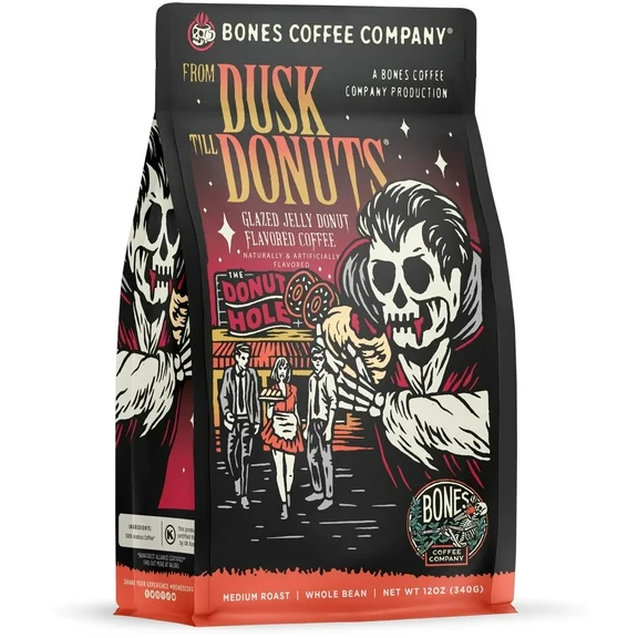 Bones Coffee Medium Roast Whole Bean Coffee | 12 oz From Dusk Till Donuts Jelly Donut Flavored Coffee