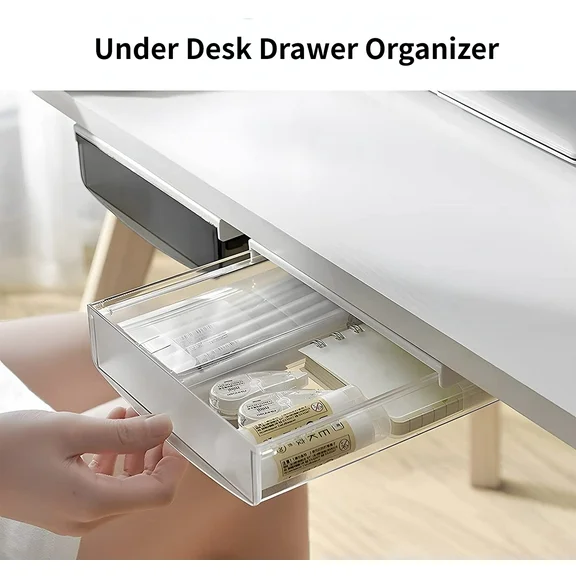 CECOLIC Under Desk Drawer Organizer, Table Hidden Slide Out Desk Drawer Plastic Desk Accessories & Workspace Organizers,Hidden Desktop Organizer Pen Holder for Desk Self-Adhesive