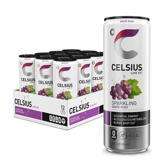 CELSIUS Sparkling Grape Rush, Functional Essential Energy Drink 12 fl oz Can (Pack of 12)