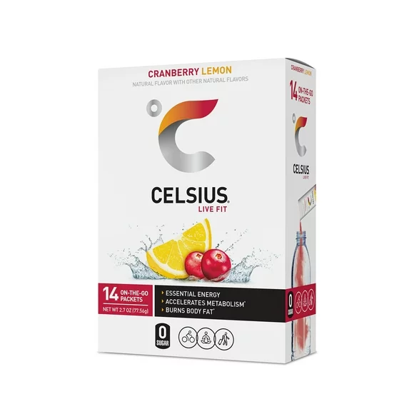 CELSIUS on-the-go Essential Energy Drink Mix, Cranberry Lemon (14 Stick Pack)