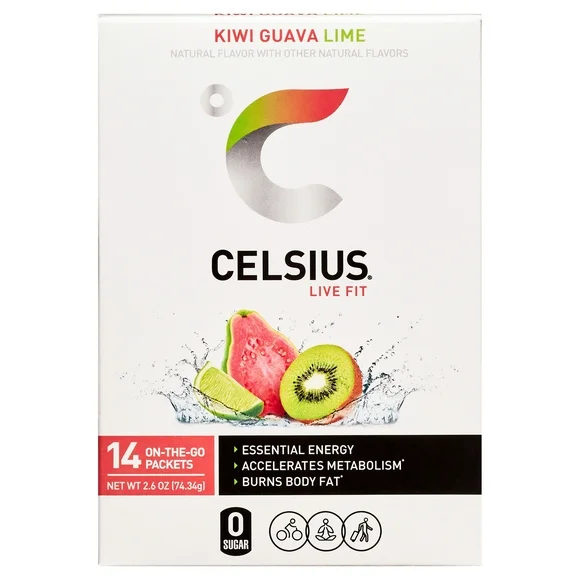 CELSIUS on-the-go Essential Energy Drink Mix, Kiwi Guava Lime (14 Stick Pack)