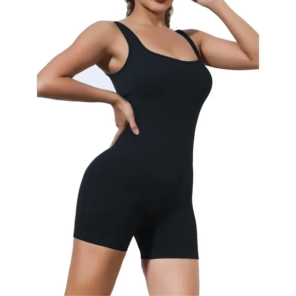 COOPLUS Women Workout Jumpsuits Seamless Romper and Sleeveless BodysuitsRibbed Detail Square Neckline Unitard for Yoga
