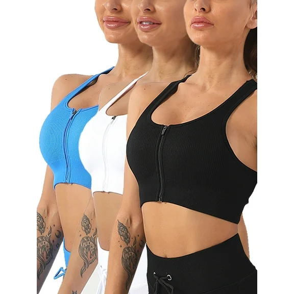 COOPLUS Womens Bras Athletic Racerback Breathable Wirefree Yoga Bras Zipper Front Yoga Gym (Pack of 3)