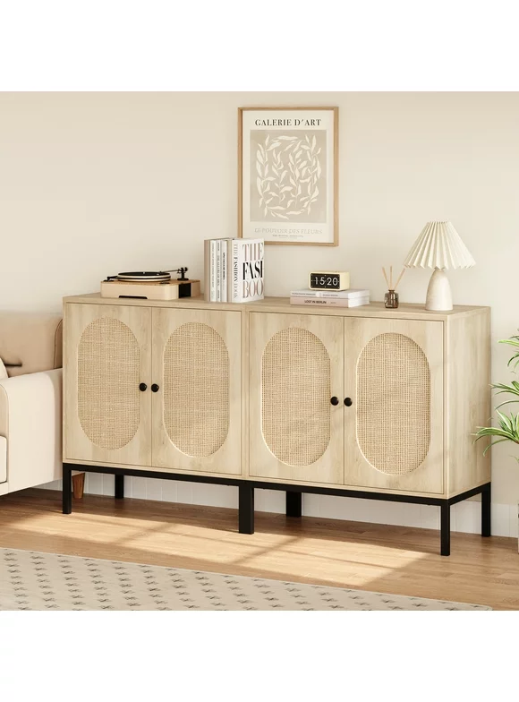 CREATIVE HOBBIES Buffet Cabinet, Rattan Storage Cabinet with Doors and Shelves, Accent Cabinet Sideboard, Wood Console Cabinet with Storage Entryway Cabinet for Living Room, Dining Room, Hallway