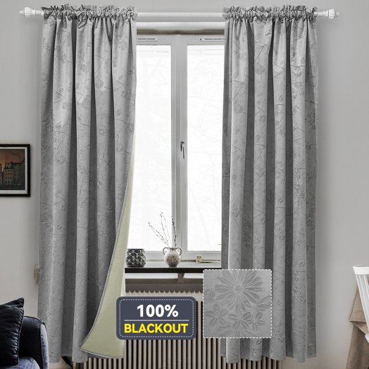 CZL 100% Blackout Curtains, Velvet Floral Embossed Heavy Curtain Rod Pocket, Thermal Insulated Noise Reduce Curtains for Bedroom Living Room, 52x63inch, 1 Panel, Light Gray