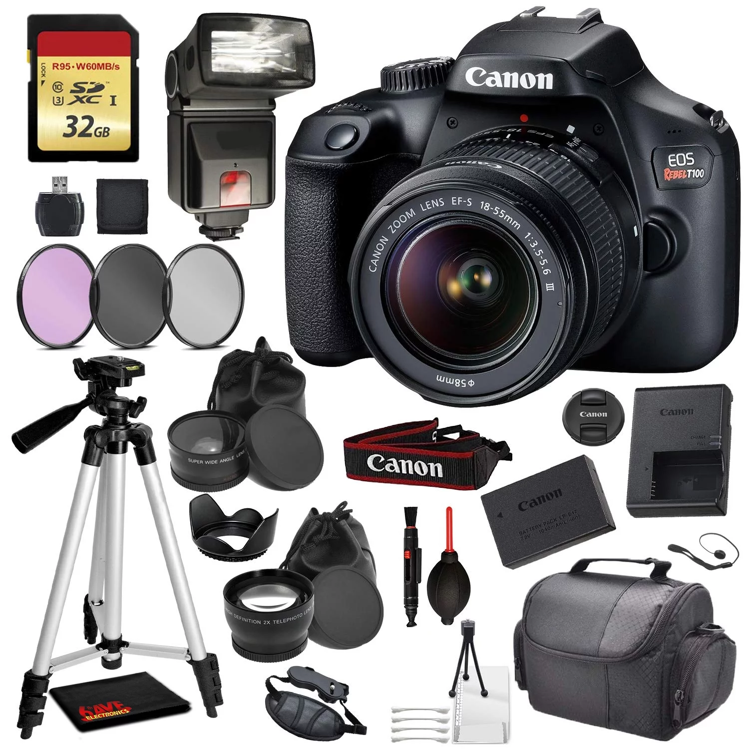 Canon EOS Rebel 4000D/ T100 Digital SLR Camera with EF-S 18-55mm f/3.5-5.6 DC III Lens Kit Pro Accessory Bundle Package Deal : 32GB SD Card + DSLR Bag + 57'' Tripod + More