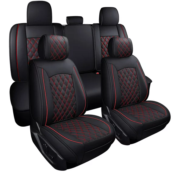 Car Seat Covers Full Set with Waterproof Leather Fit for 2009 to 2023 Ford F150 and 2017 to 2023 F250 F350 F450,Double,Extended Cab or Pickup Truck(Full Set, Black-Red)