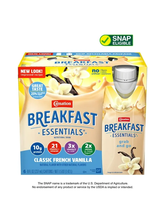 Carnation Breakfast Essentials Nutritional Drink, Classic French Vanilla, 10 g Protein, 6 - 8 fl oz Cartons