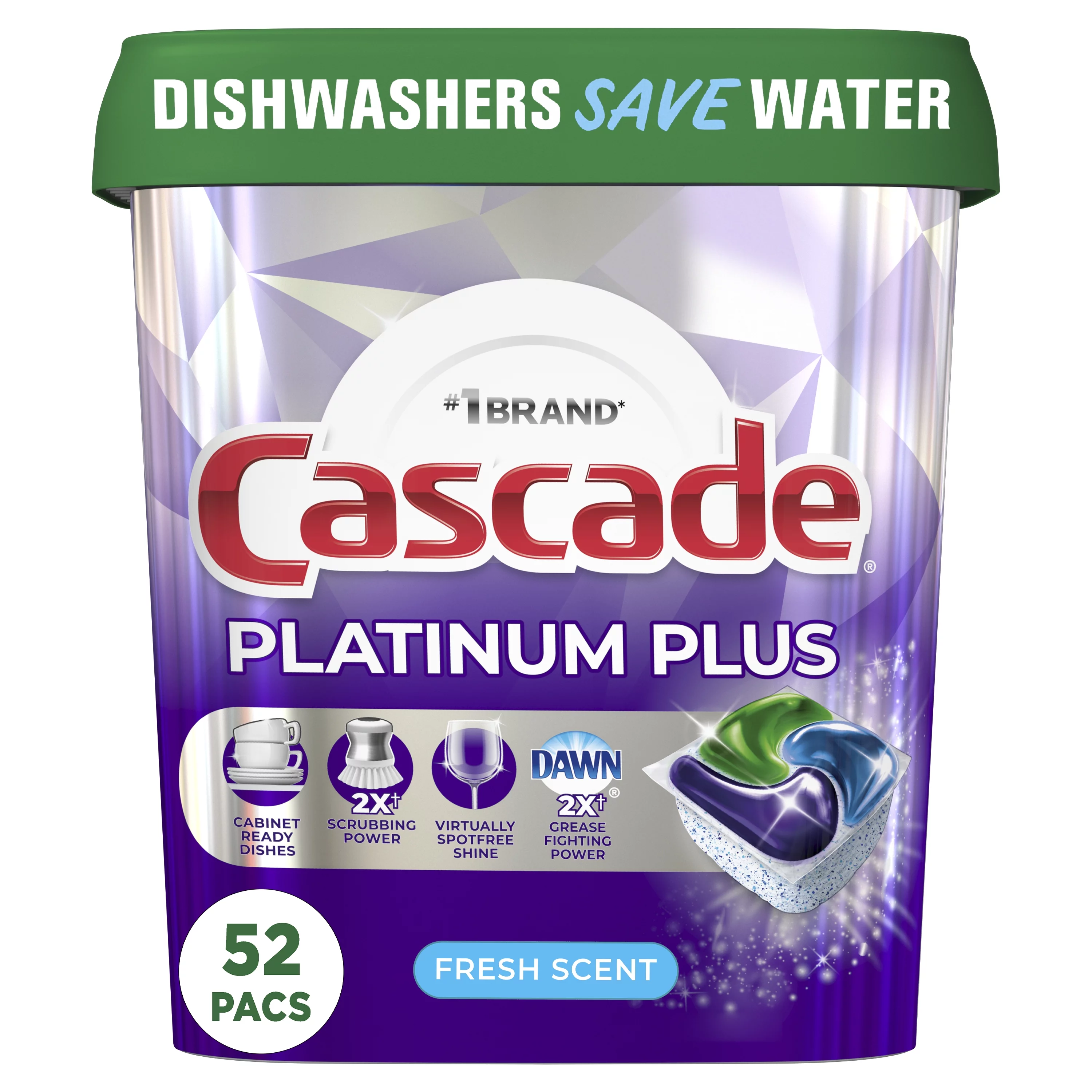Cascade Platinum Plus Dishwasher Detergent Pacs, Fresh, 52 Count
