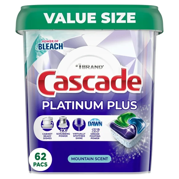 Cascade Platinum Plus Dishwasher Detergent Pacs, Mountain Scent, 62 Count