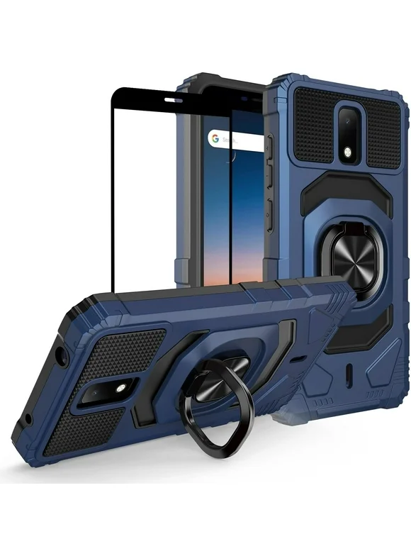 Case for BLU View 4 Case w/Tempered Glass Screen Protector [Military Grade] Ring Car Mount Kickstand Hard Phone Case for BLU View4 B135DL - Blue