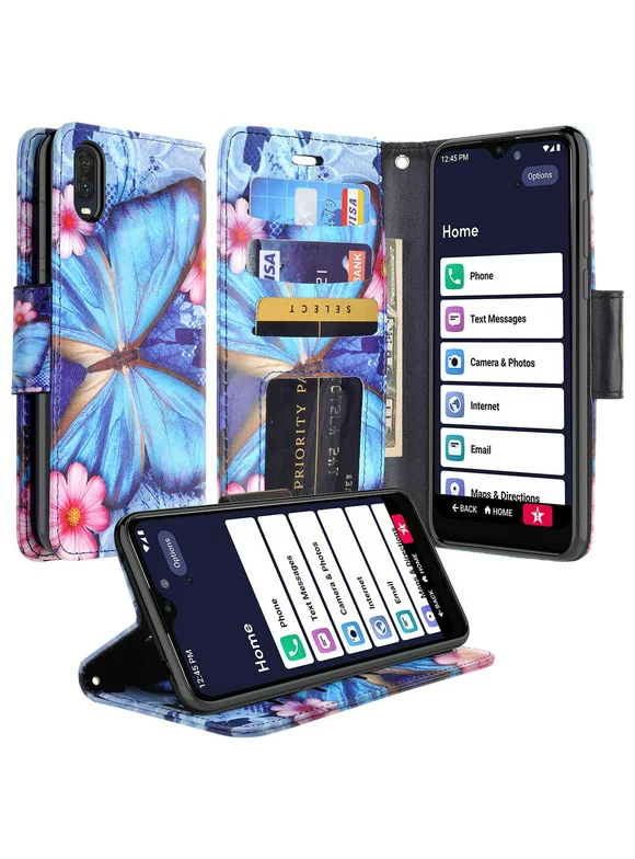 Case for Jitterbug Smart 3 / Lively Smart Leather Flip Pouch Wallet Phone Case Cover Folio [Kickstand] for Girls Women - Blue Butterfly