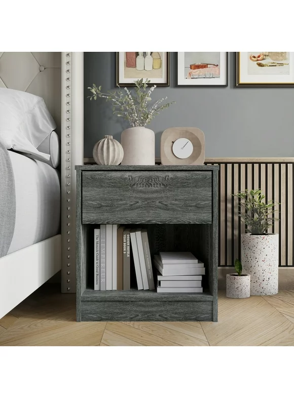 Castle Place Minimalist Nightstand with 1 Drawer, Dark Gray