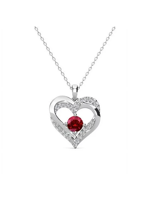 Cate & Chloe Forever 18k White Gold Plated Birthstone Necklace, Double Heart Crystal Necklace for Women, Teens, Girls, Anniversary, Birthday Jewelry Gift, Garnet January Birthstone