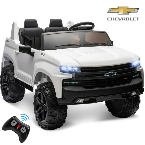 Chevrolet 24 V Ride on Cars 2 Seater for Kids, Licensed Chevrolet Silverado Powered Ride On Toys Cars with Remote Control, Electric Car for Kids 3-8 w/Bluthtooth Music/FM/LED Lights/Safety Belt, White