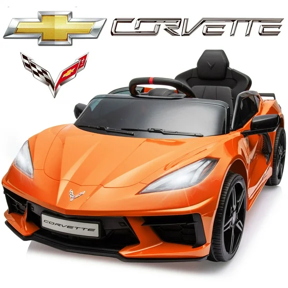 Chevrolet Kids Electric Car, Corvette C8 12V7Ah Battery Powered Ride on Car, 4 Wheels Ride on Toys with Remote Control, Music, Bluetooth, 3 Speeds for Boys Girls 3-6, Orange