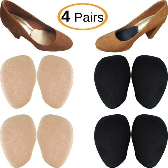 Chiroplax High Heel Cushion Inserts Pads (4 Pairs) Suede Ball of Foot Forefoot Metatarsal Anti Slip Shoe Insoles for Women (Beige+Black, Thick)