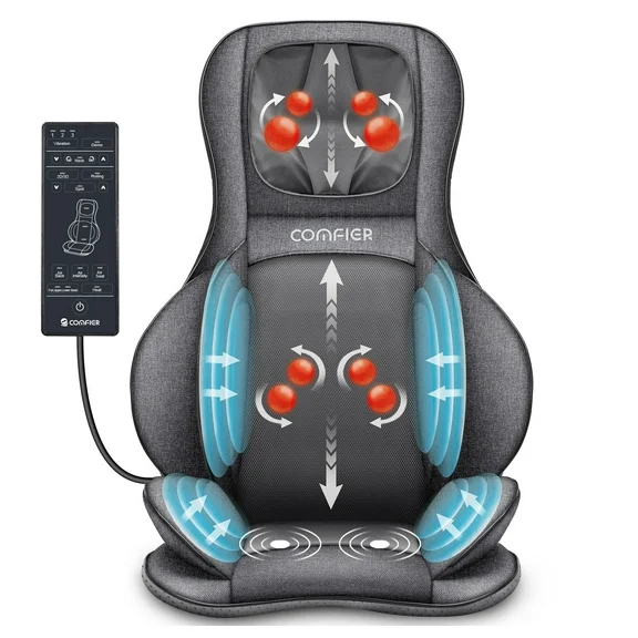 Comfier Air Compression Shiatsu Neck Back Massager Seat Cushion Kneading Rolling Massage Chair Pad with Heat, Gray