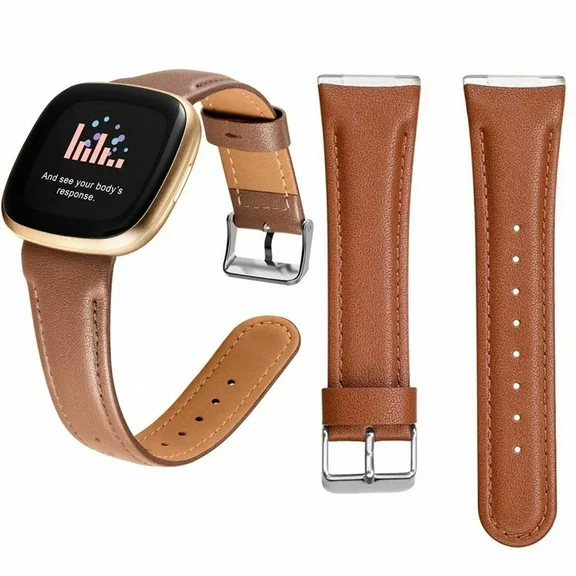 Compatible with Fitbit Sense/Fitbit Versa 3 Band Leather Genuine Soft Texture Lightweight Sturdy Superior Handcraft Stitch Smartwatch Wristibands Adjustbable For 5.9"-7.2" Wrist Brown 1 Pack